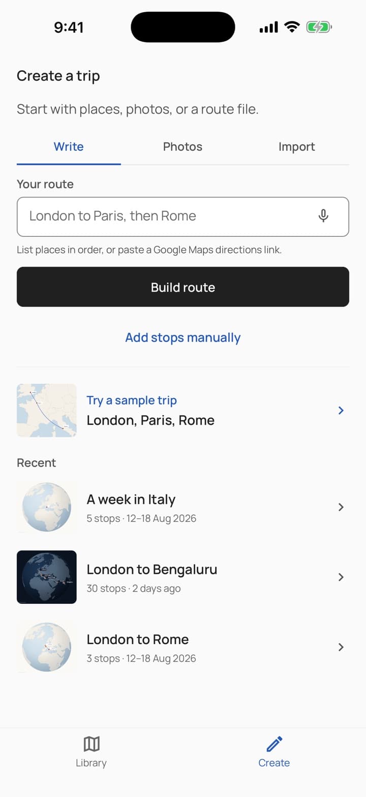 The Voyagely Create screen with Write, Photos and Import tabs, a route field, a Build route action and a sample trip row