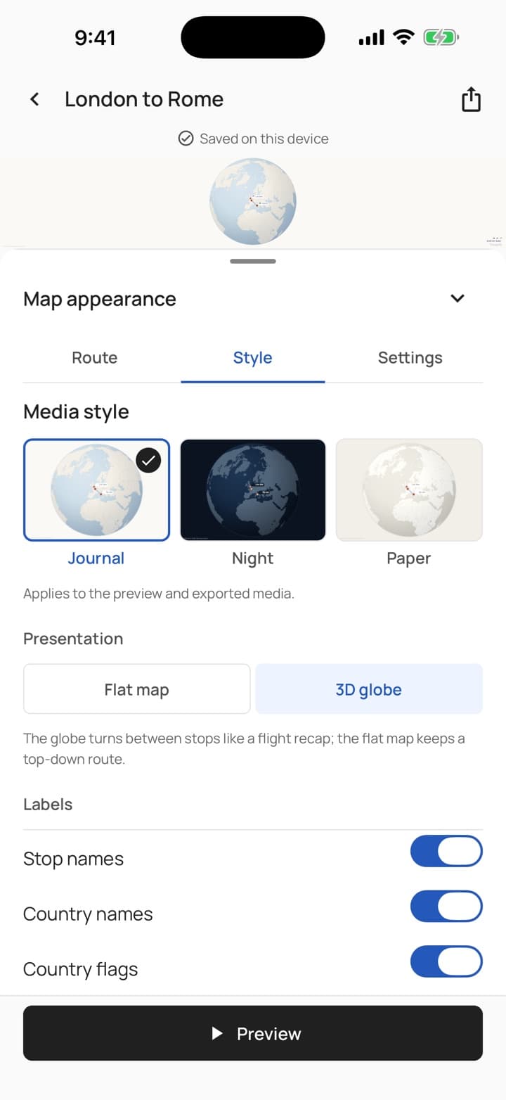 The Voyagely Style sheet with Journal, Night and Paper stills of the trip, a flat map or 3D globe choice and label switches