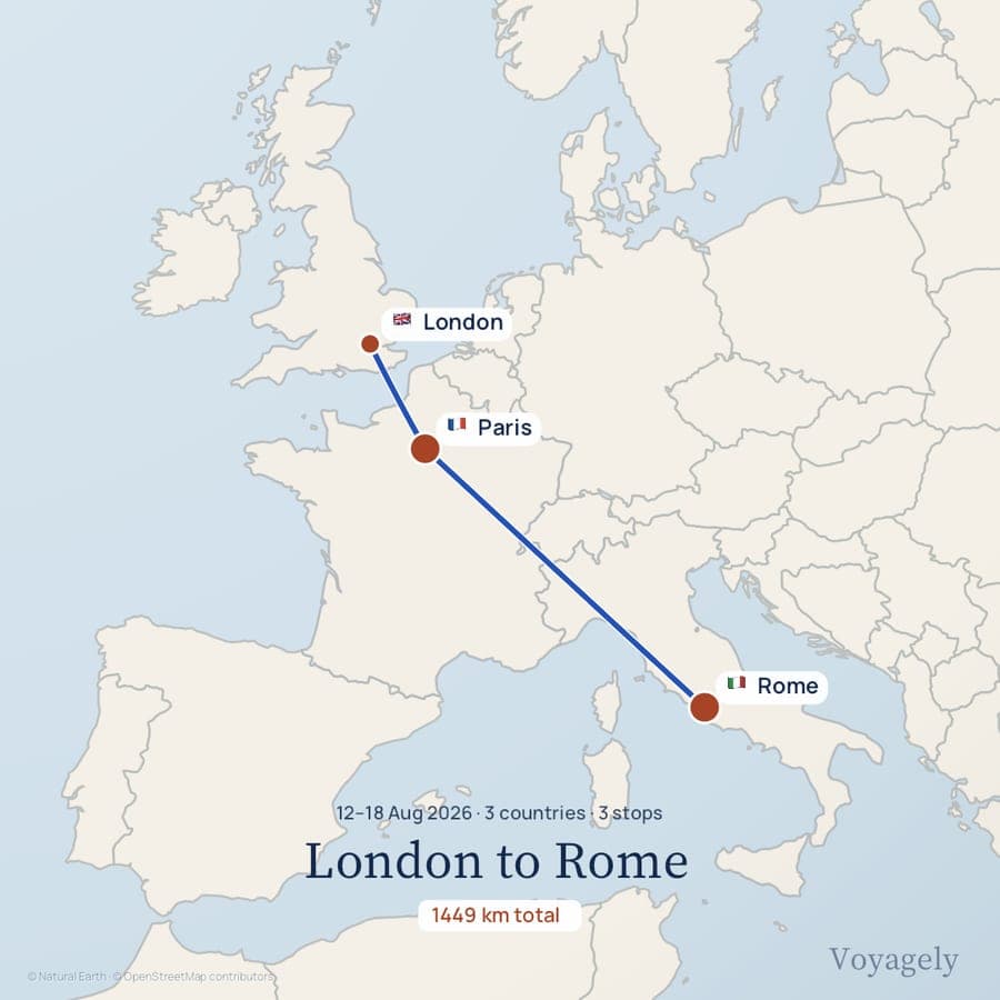 A square Journal poster of London to Rome with the total distance