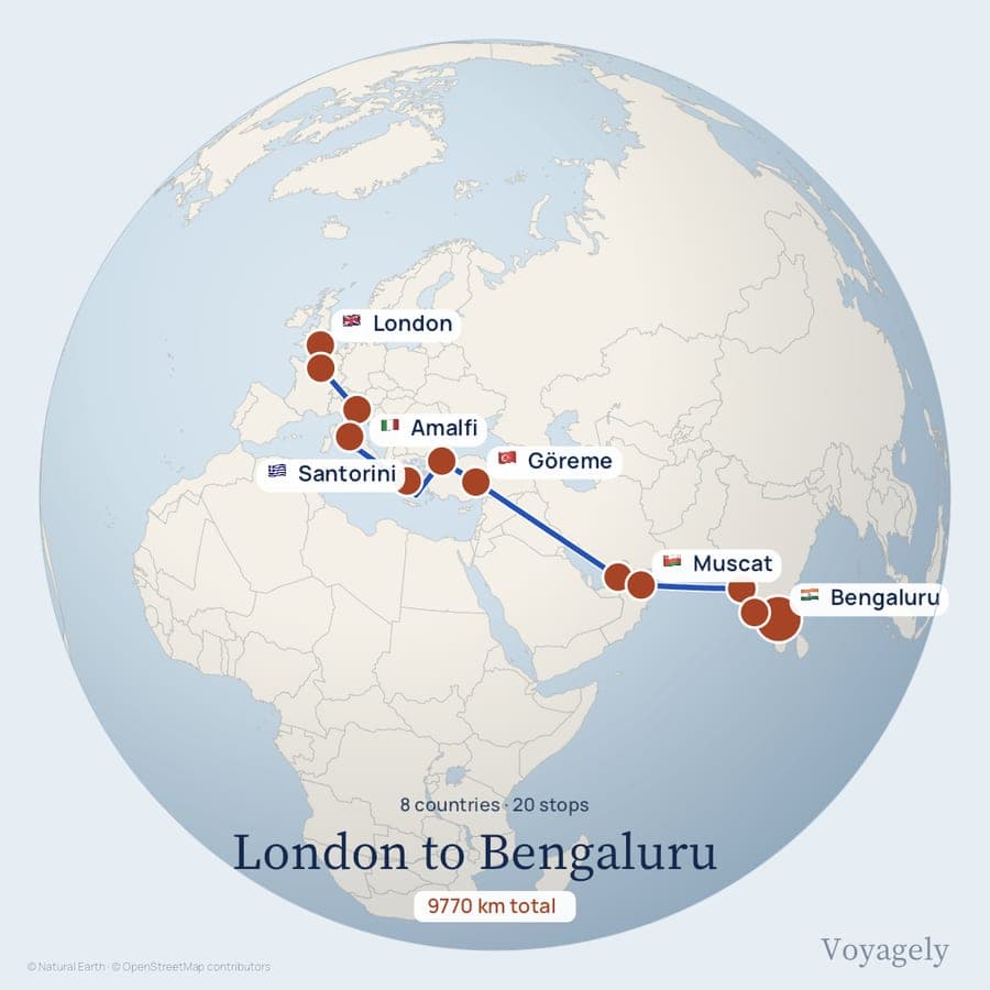 A square Journal poster of a twenty-stop journey from London to Bengaluru on a pale globe